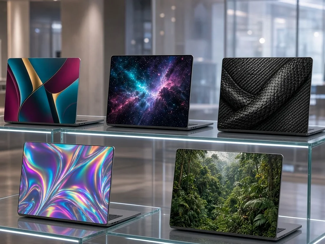 Five laptops with different custom skin designs on glass display shelves