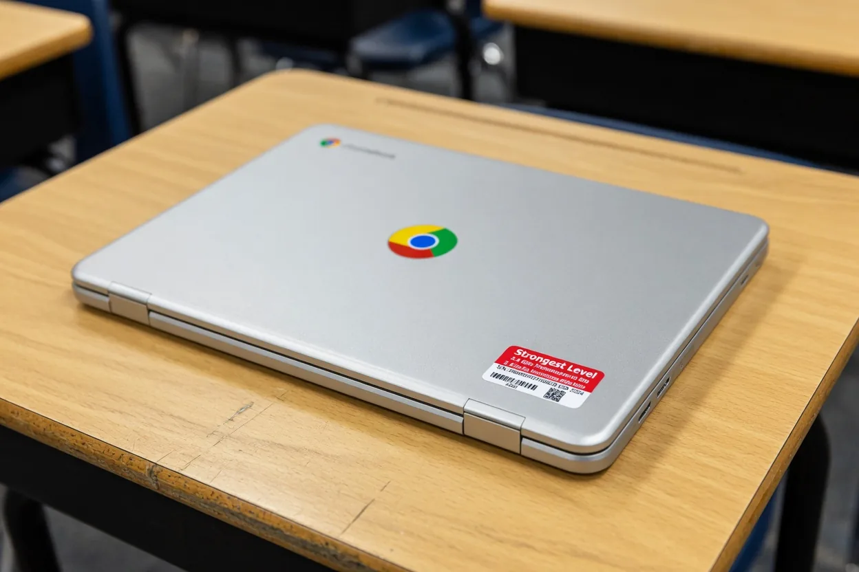Stronger tier asset tag on a school district Chromebook lid