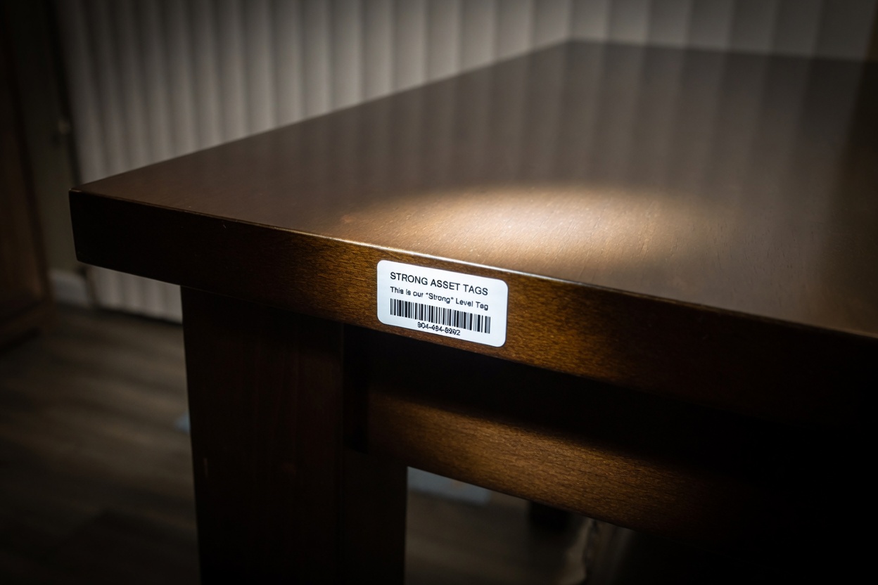 Strong tier asset tag on office furniture