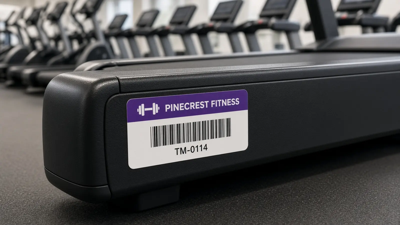 Asset sticker with a barcode and asset number on the frame of a commercial treadmill in a gym